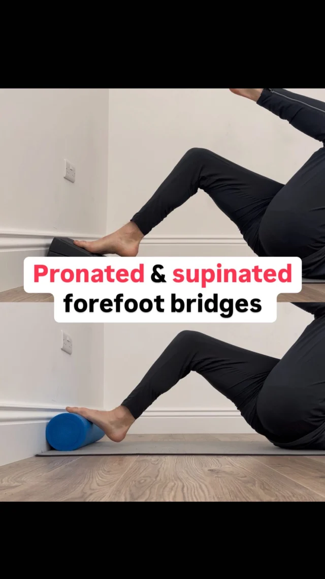 Forefoot bridging 🦶 

Integrating a plantar flexion torque with our hip extension bridging can be a great way to challenge load distribution across the whole *posterior* limb 🦵 

But being more specific with the foot behaviour you’re expressing *can* be important when working with foot/ankle issues 👣 

Wedge: allows you to extend the big toe, which helps plantar flex the 1st metatarsal and facilitate a greater supination at the midfoot 🧠 

Foam roller: curved surface pushes into the the 1st met, which facilitates a flexion of the toe. This dorsiflexes the first metatarsal and facilitates a pronation behaviour at the foot 🧠

These details matter in local foot/ankle cases 🔑